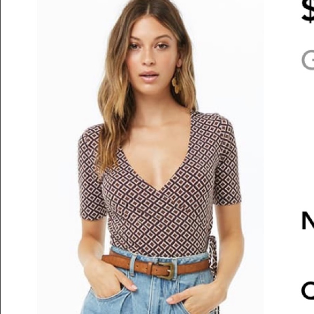 Geo Print Faux Wrap Top; Navy/Rust  🧡